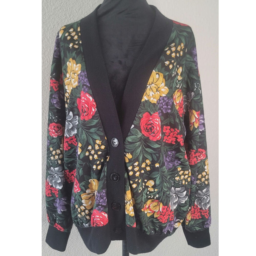 Vintage 80s Black Floral Grunge CARDIGAN Top by BLAIR Large USA Made Paper Tag